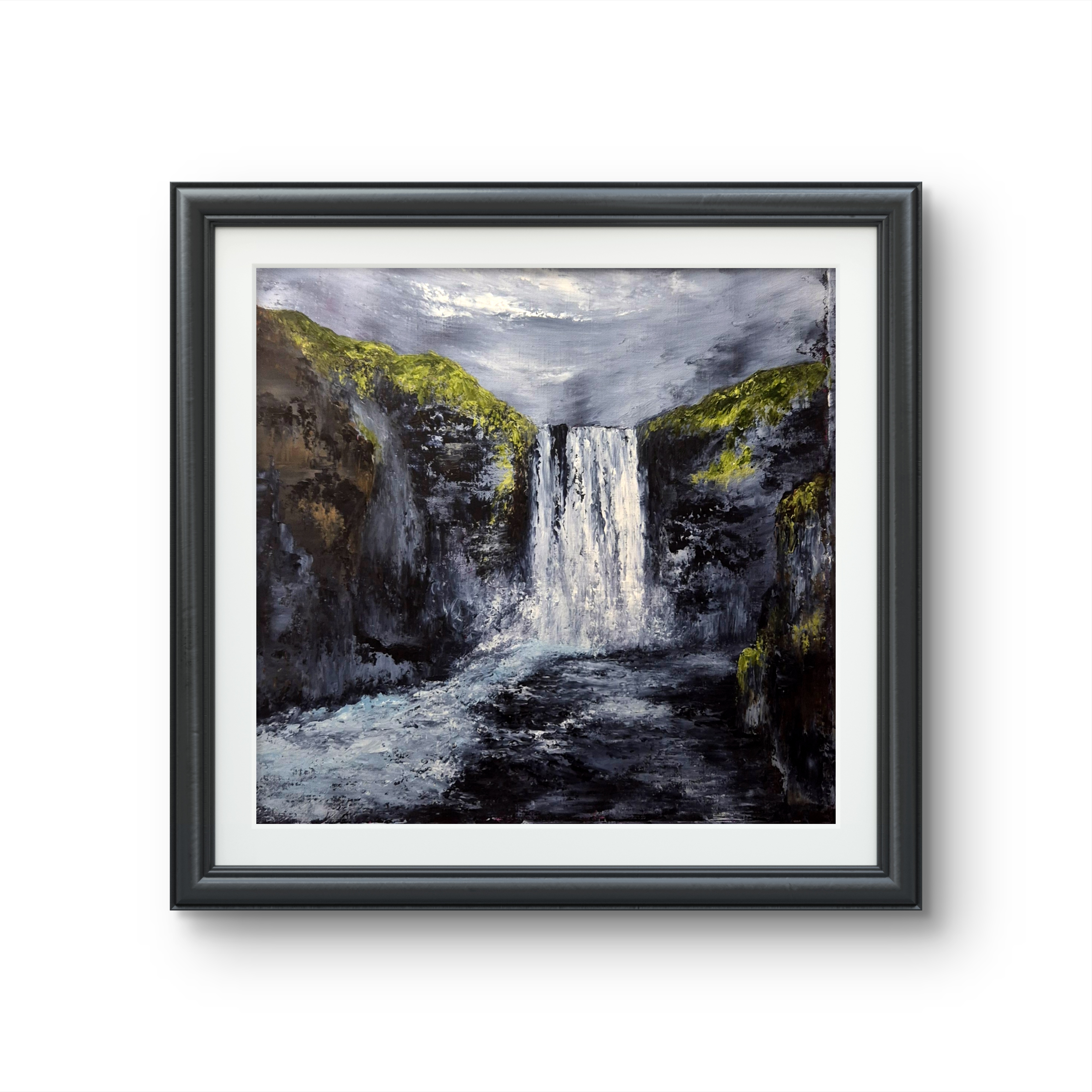 Eftirprent af olíu og cold wax verki. Innblásin af íslenskri náttúru.
Stærð 50x50 með ramma.