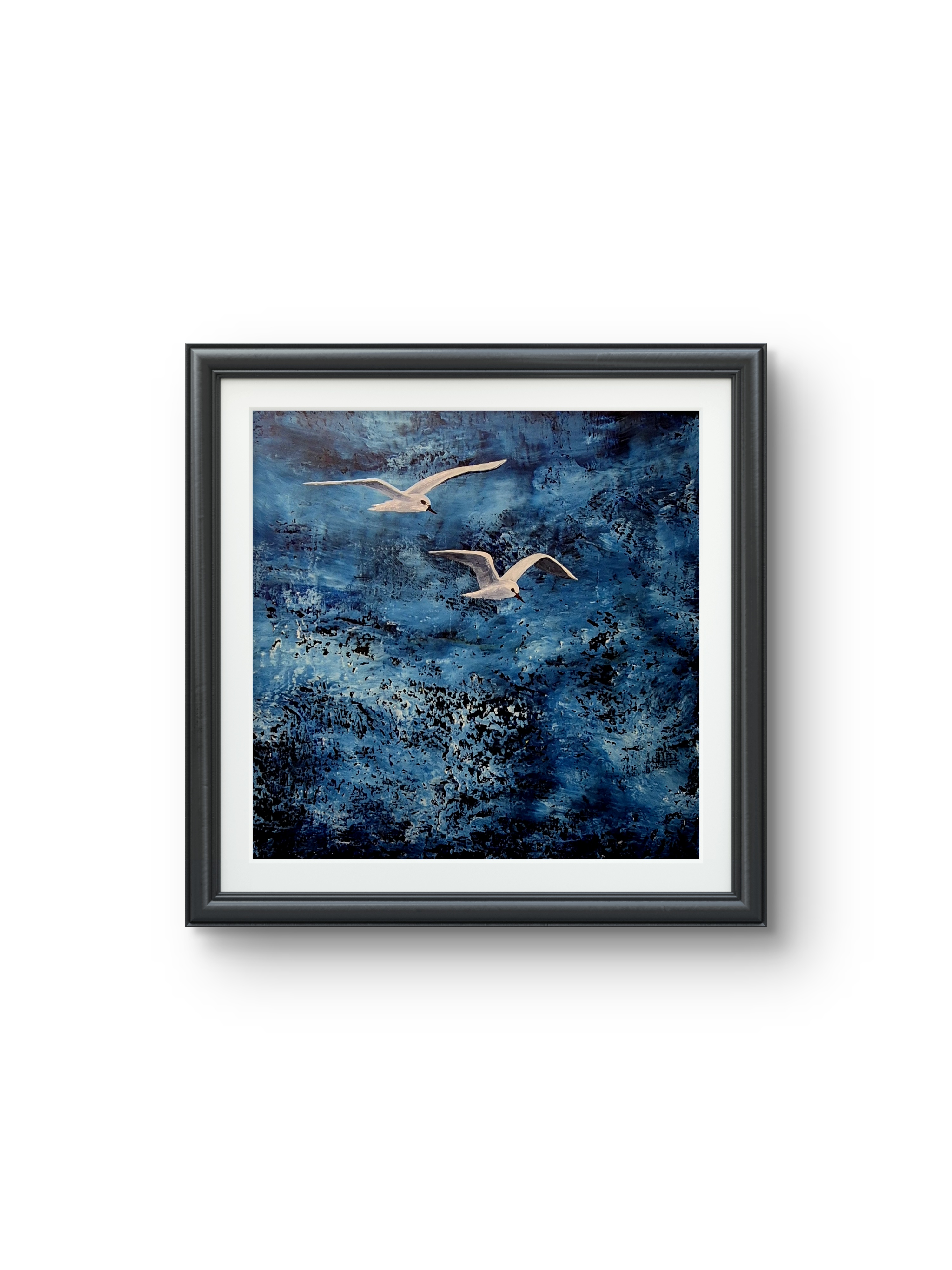 Eftirprent af olíu og cold wax verki.
Stærð 40x40 með ramma.