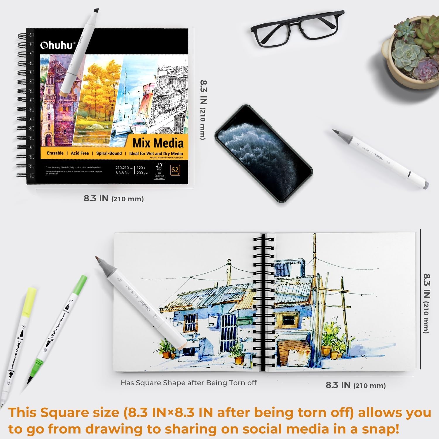 Ohuhu Mix Media Pad – 21x21 sm – 62 blöð – 200 g/m² - smámynd 4