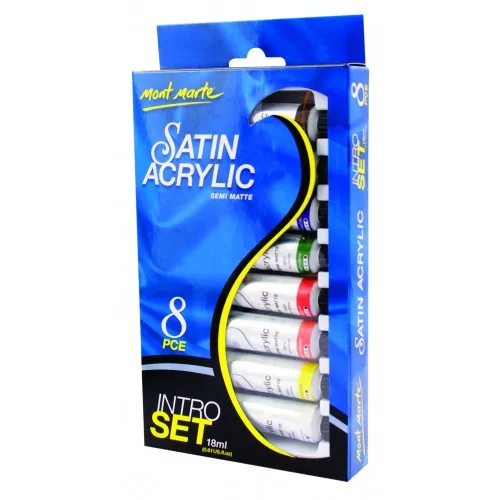 Akrílmálning - 8 stk x 18 ml Satin Acrylic - Byrjanda pakki - Grunnlitir+