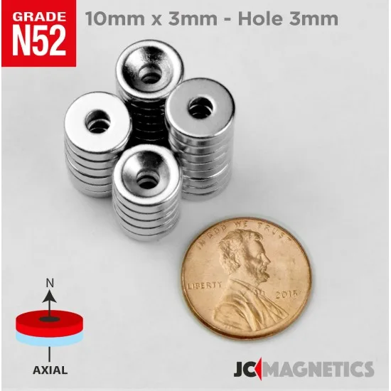 Neodymium Segull 10x3mm með gati N52 – Öflugur föndursegull (1 stk)