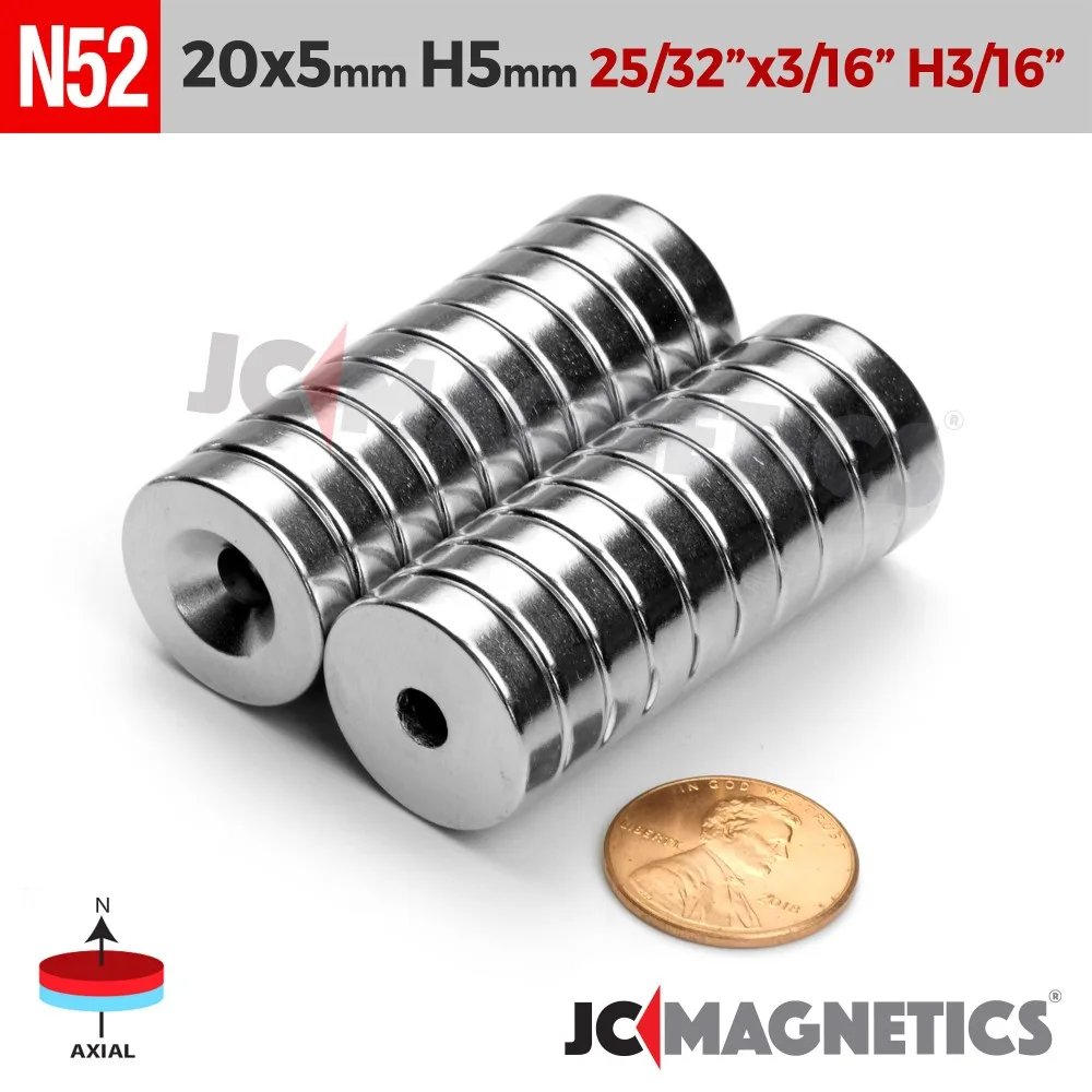 Öflugur Neodymium Segull 20x5mm með gati (N52) – 1 stk