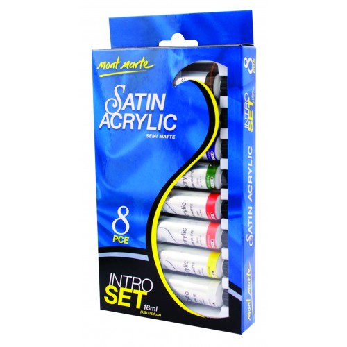 Akrílmálning - 8 stk x 18 ml Satin Acrylic - Byrjanda pakki - Grunnlitir+